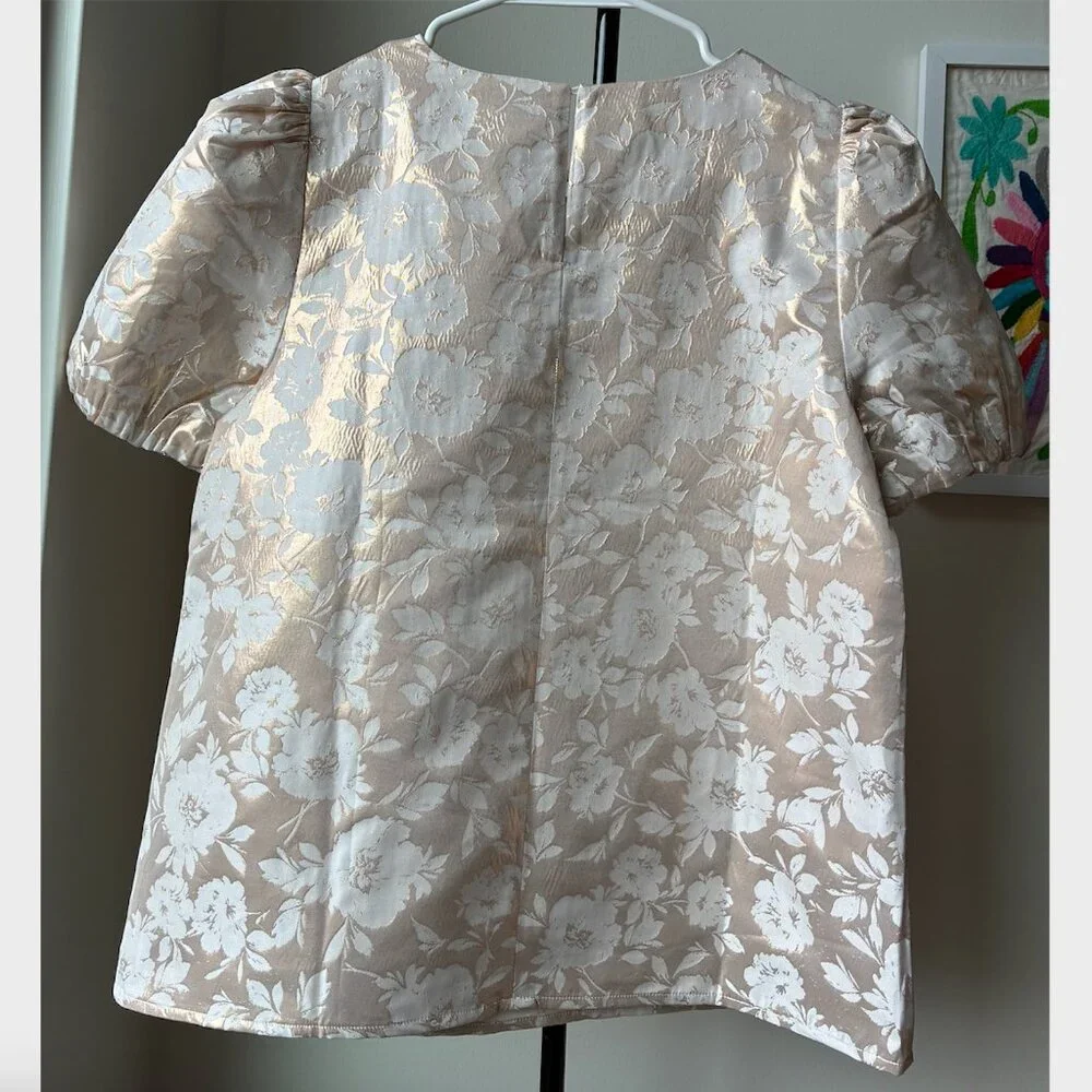 J. Crew Jacquard Puff-Sleeve in Ivory and Gold - Size S